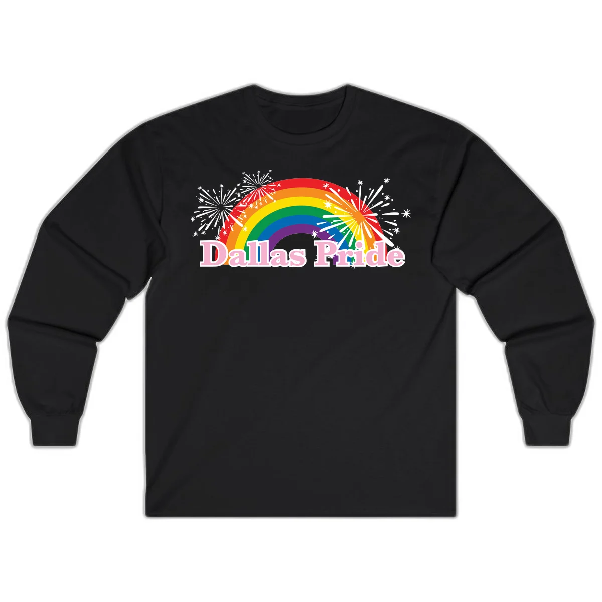 Dallas Pride design with rainbow arc, white fireworks bursts, and pink text on gray background in Black
