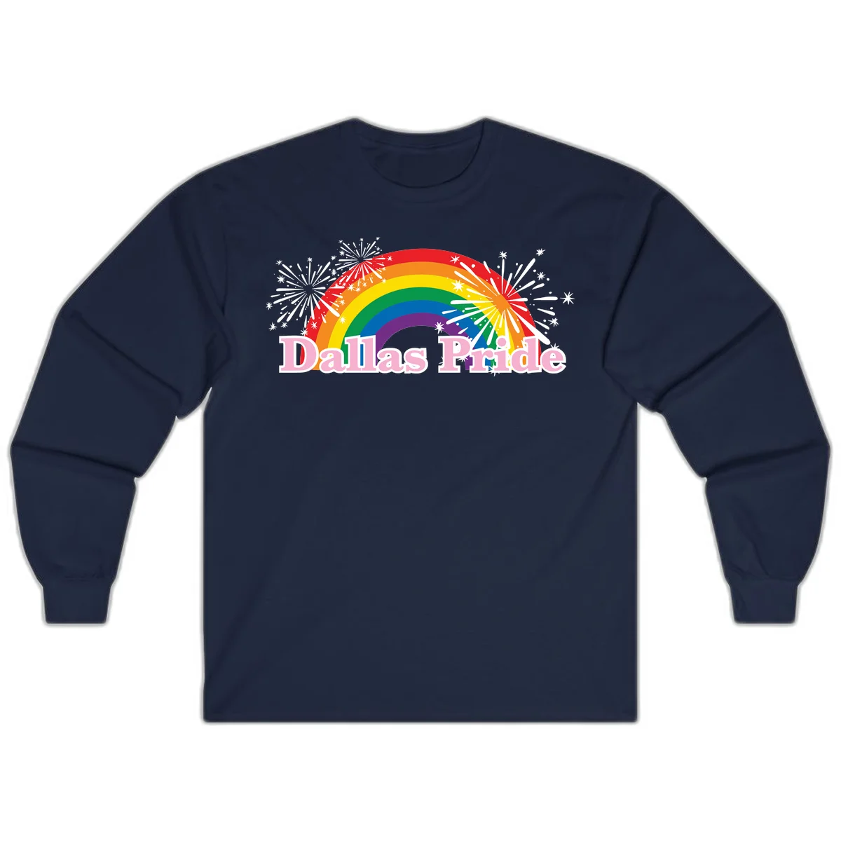 Dallas Pride design with rainbow arc, white fireworks bursts, and pink text on gray background in Navy