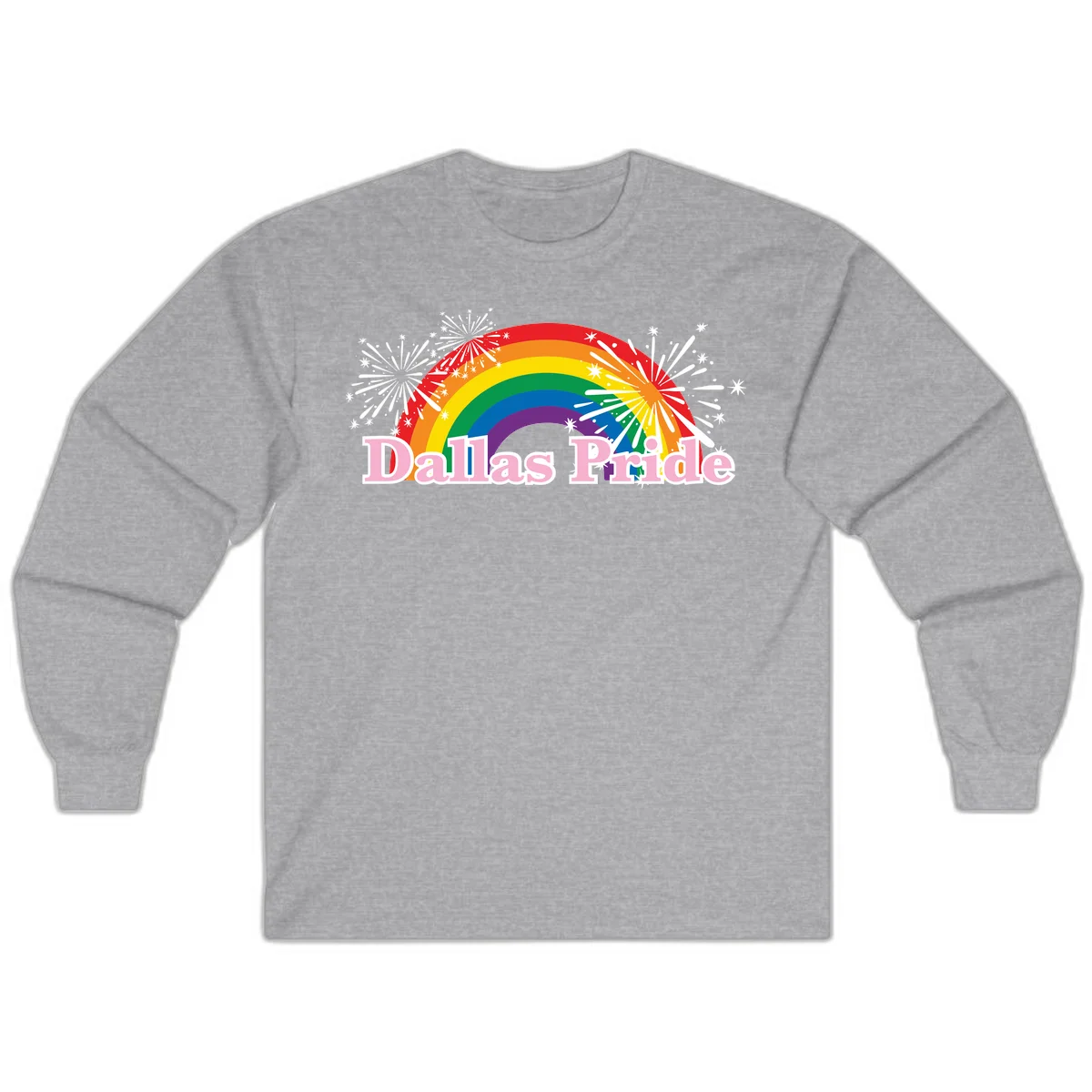 Dallas Pride design with rainbow arc, white fireworks bursts, and pink text on gray background in Sport Grey