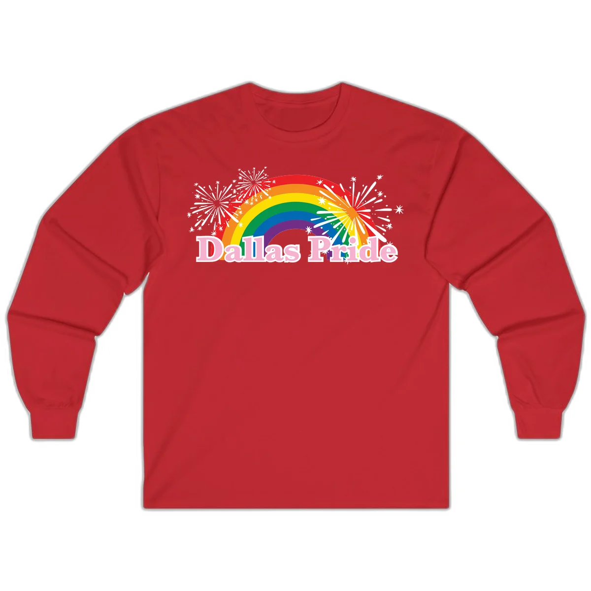 Dallas Pride design with rainbow arc, white fireworks bursts, and pink text on gray background in Red