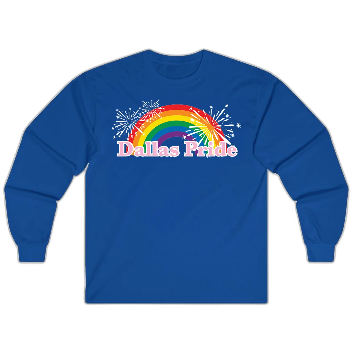 Dallas Pride design with rainbow arc, white fireworks bursts, and pink text on gray background in Royal