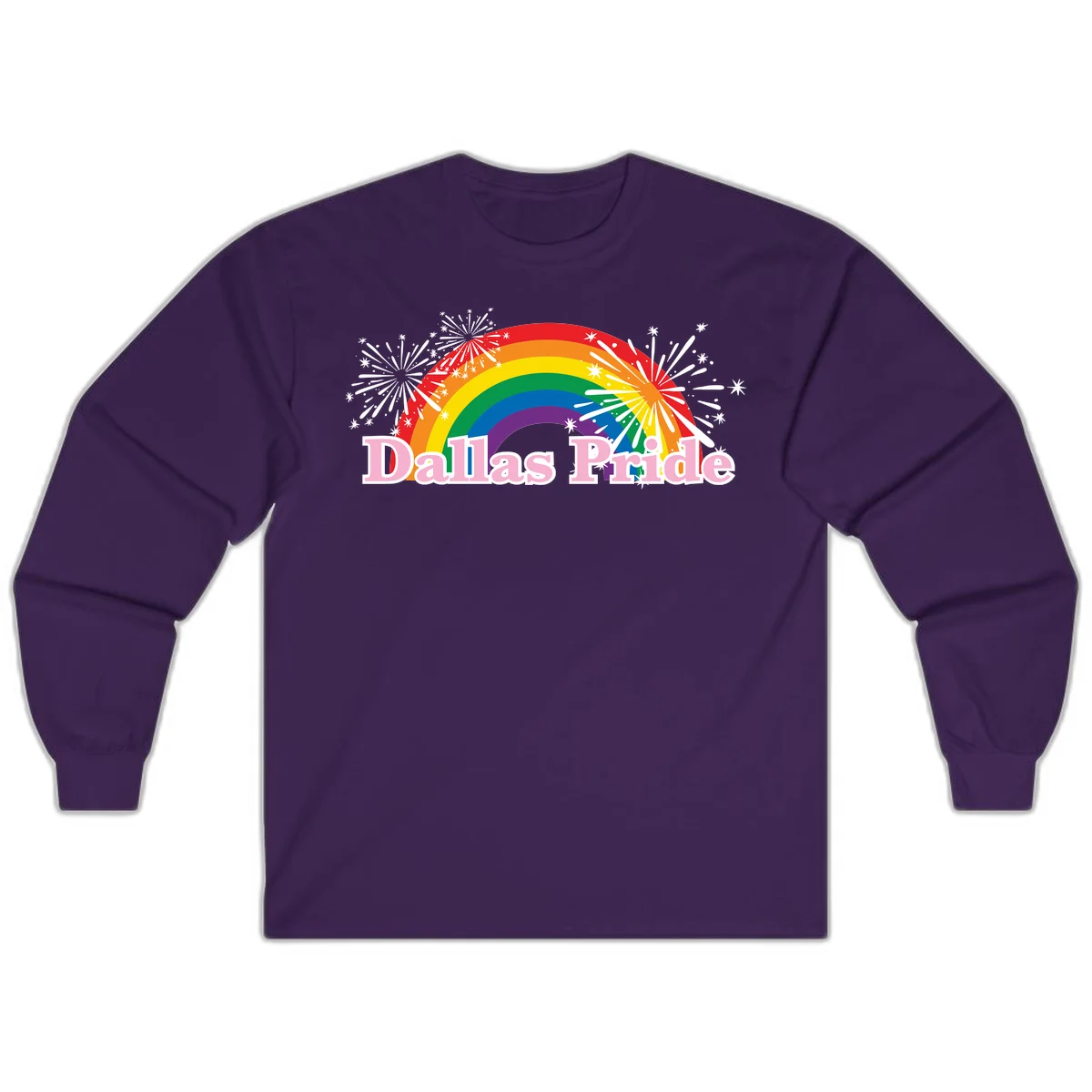 Dallas Pride design with rainbow arc, white fireworks bursts, and pink text on gray background in Purple