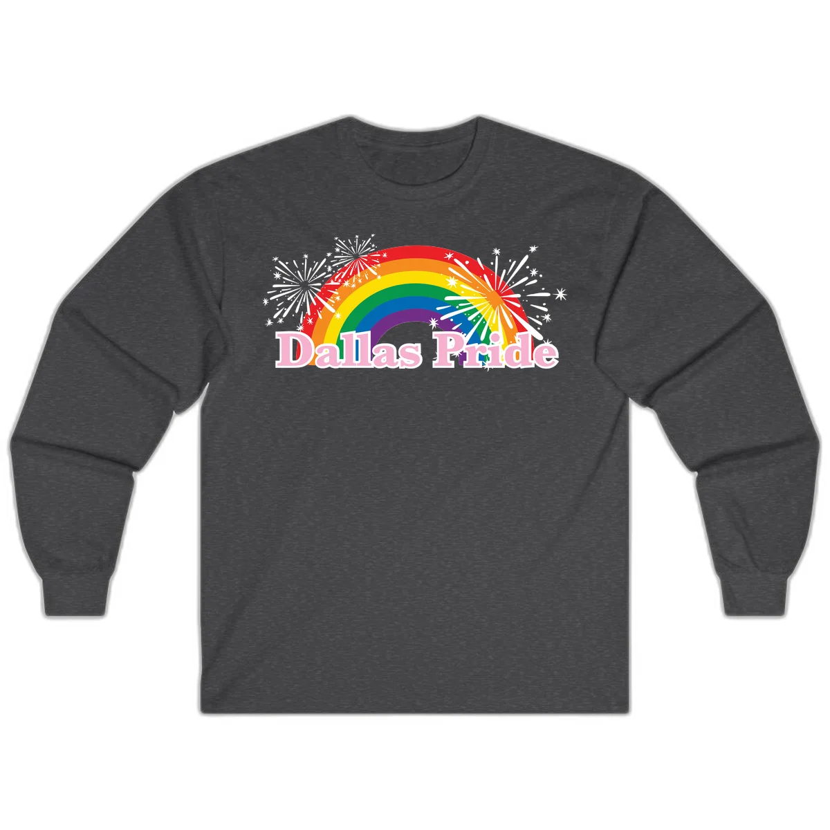 Dallas Pride design with rainbow arc, white fireworks bursts, and pink text on gray background in Dark Heather