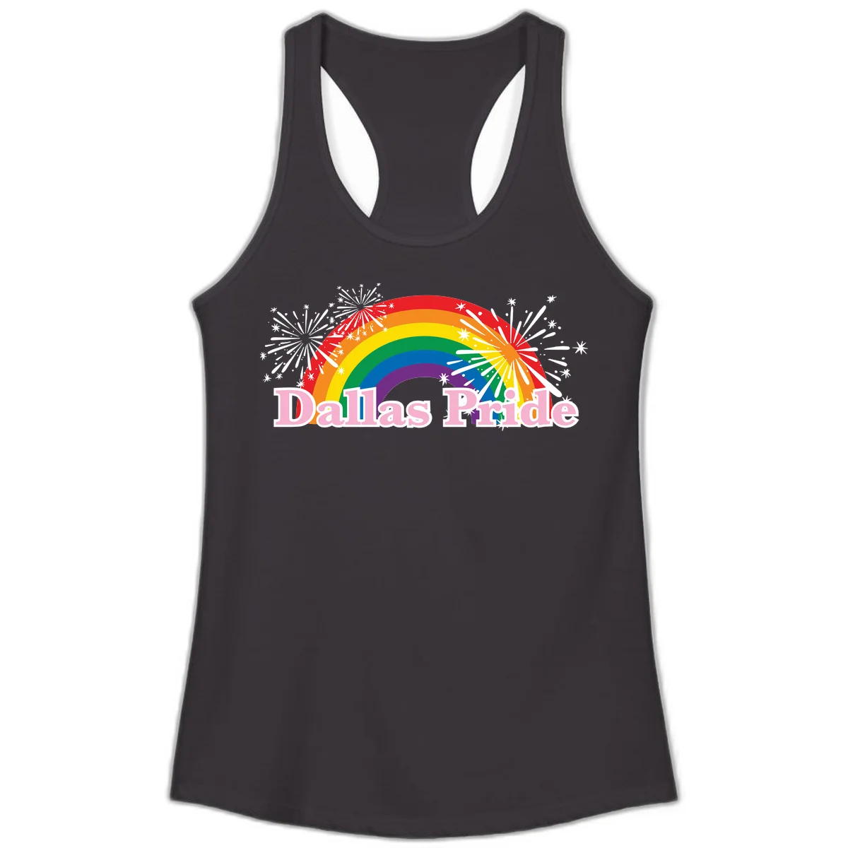 Dallas Pride design with rainbow arc, white fireworks bursts, and pink text on gray background in Black