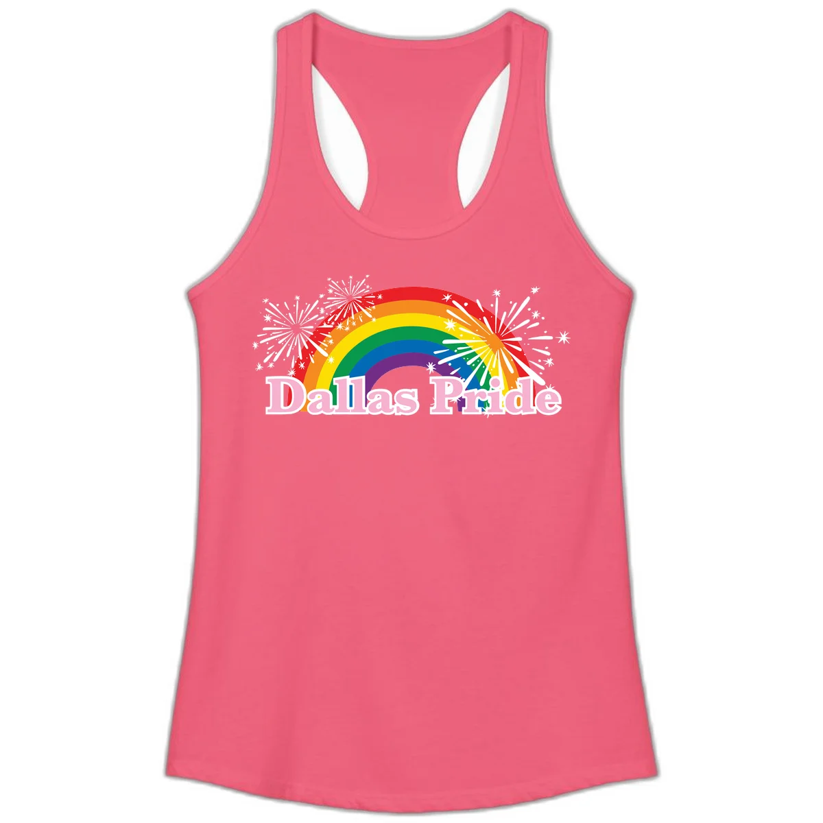 Dallas Pride design with rainbow arc, white fireworks bursts, and pink text on gray background in Hot Pink