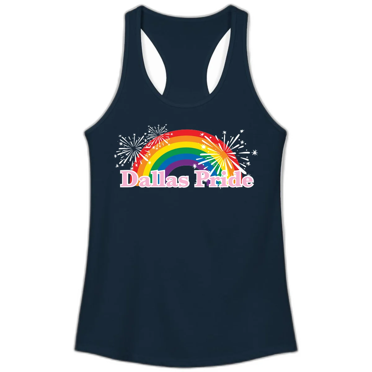 Dallas Pride design with rainbow arc, white fireworks bursts, and pink text on gray background in Solid Midnight Navy