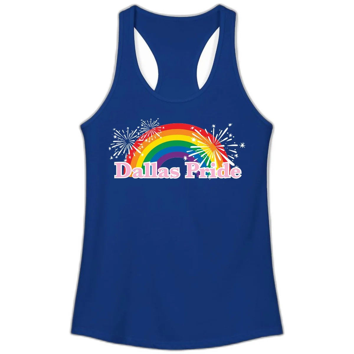 Dallas Pride design with rainbow arc, white fireworks bursts, and pink text on gray background in Solid Royal