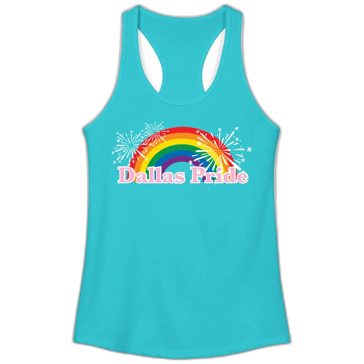 Dallas Pride design with rainbow arc, white fireworks bursts, and pink text on gray background in Solid Tahiti Blue