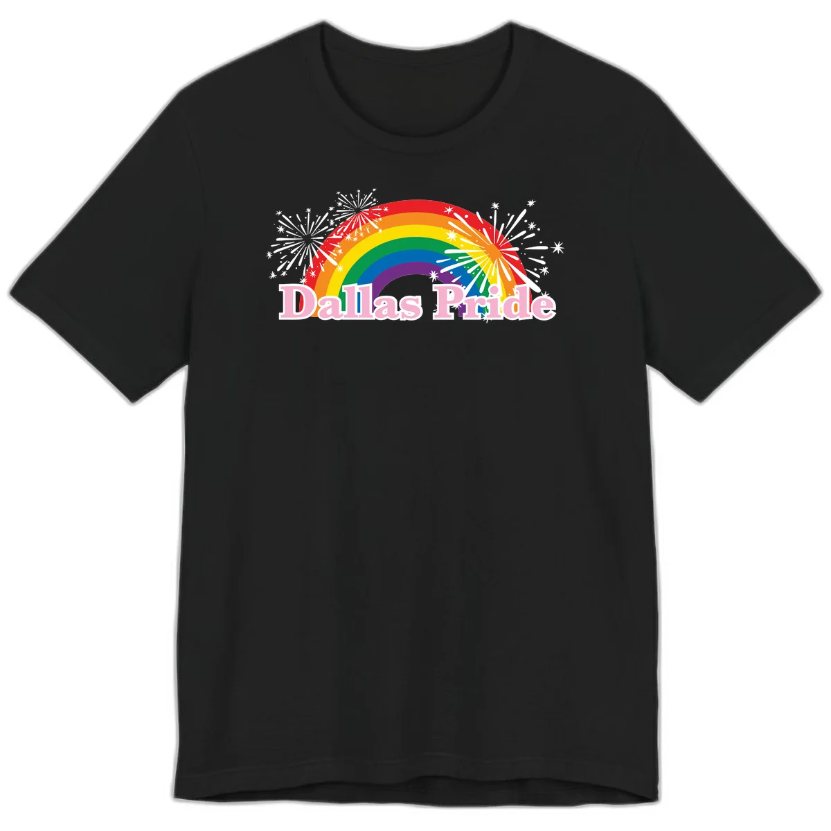 Dallas Pride design with rainbow arc, white fireworks bursts, and pink text on gray background in Black
