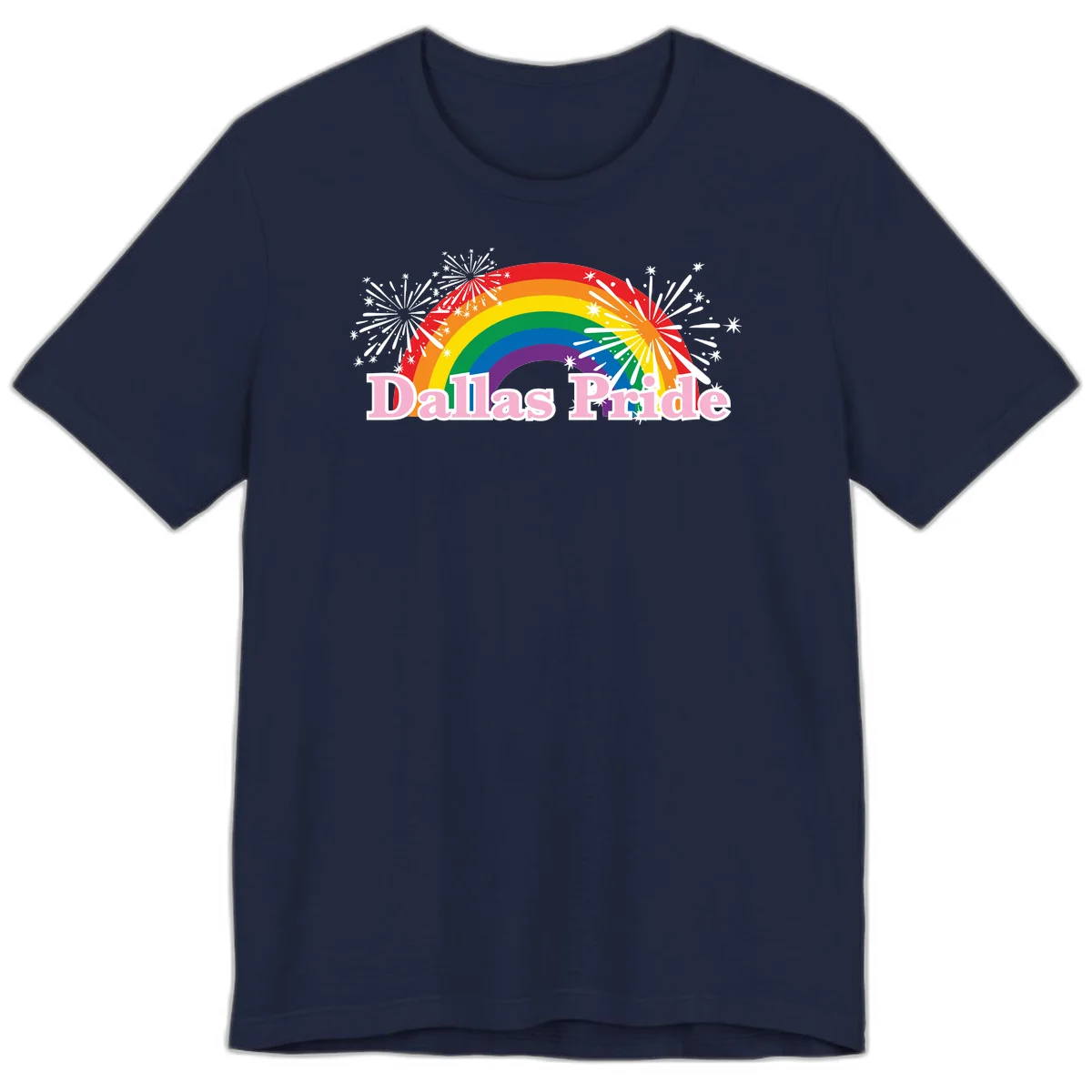 Dallas Pride design with rainbow arc, white fireworks bursts, and pink text on gray background in Navy