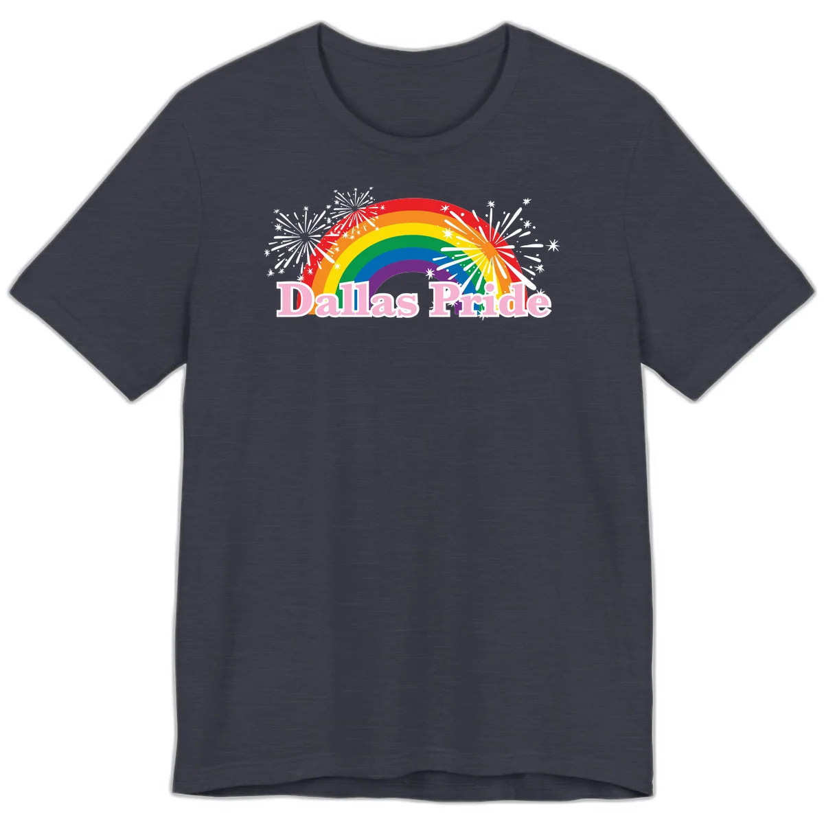 Dallas Pride design with rainbow arc, white fireworks bursts, and pink text on gray background in Heather Midnight Navy