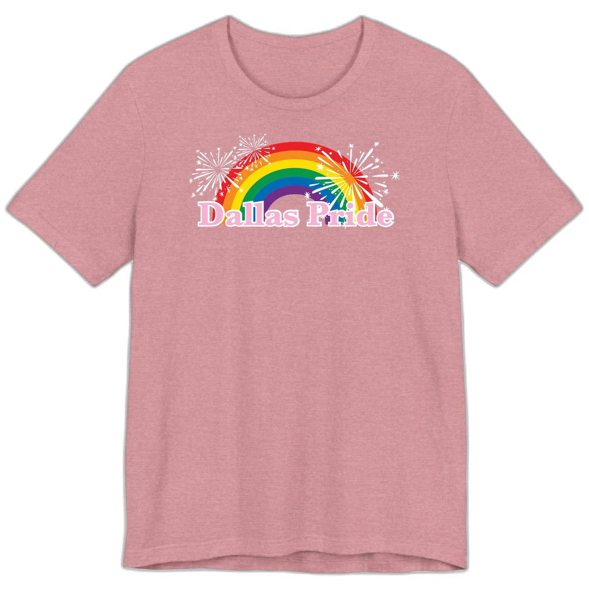 Dallas Pride design with rainbow arc, white fireworks bursts, and pink text on gray background in Heather Orchid