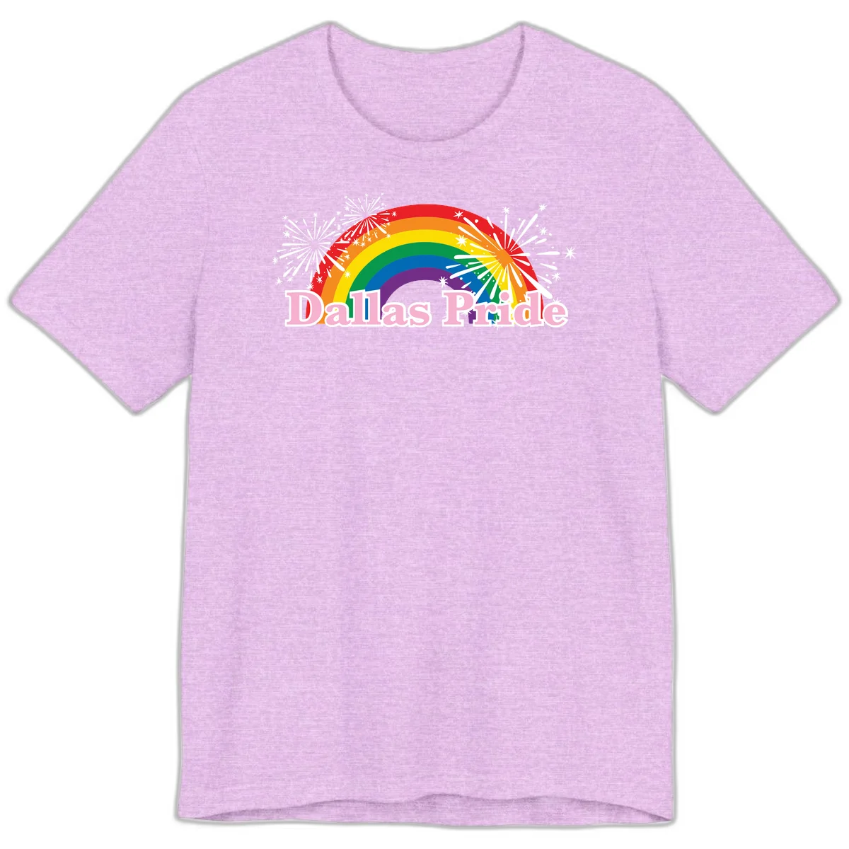 Dallas Pride design with rainbow arc, white fireworks bursts, and pink text on gray background in Heather Prism Lilac