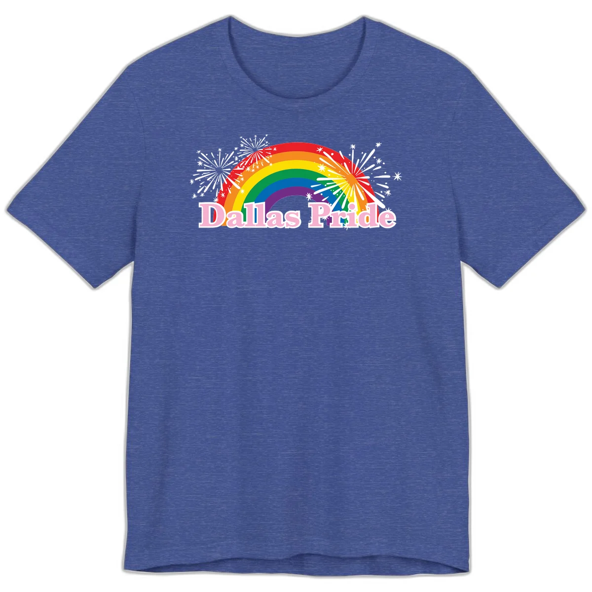 Dallas Pride design with rainbow arc, white fireworks bursts, and pink text on gray background in Heather True Royal