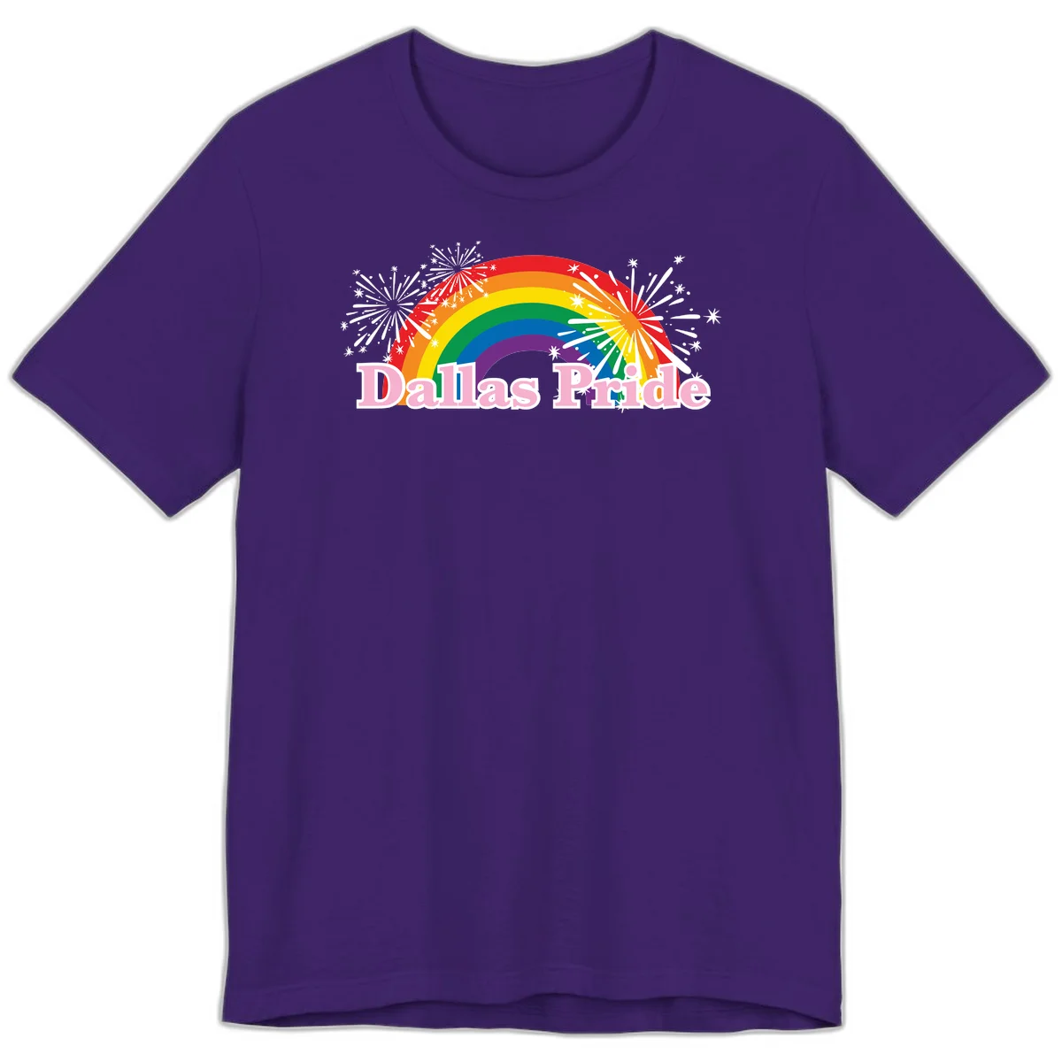Dallas Pride design with rainbow arc, white fireworks bursts, and pink text on gray background in Team Purple