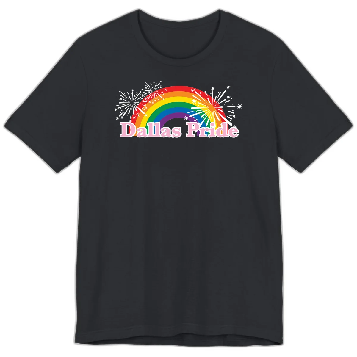 Dallas Pride design with rainbow arc, white fireworks bursts, and pink text on gray background in Vintage Black