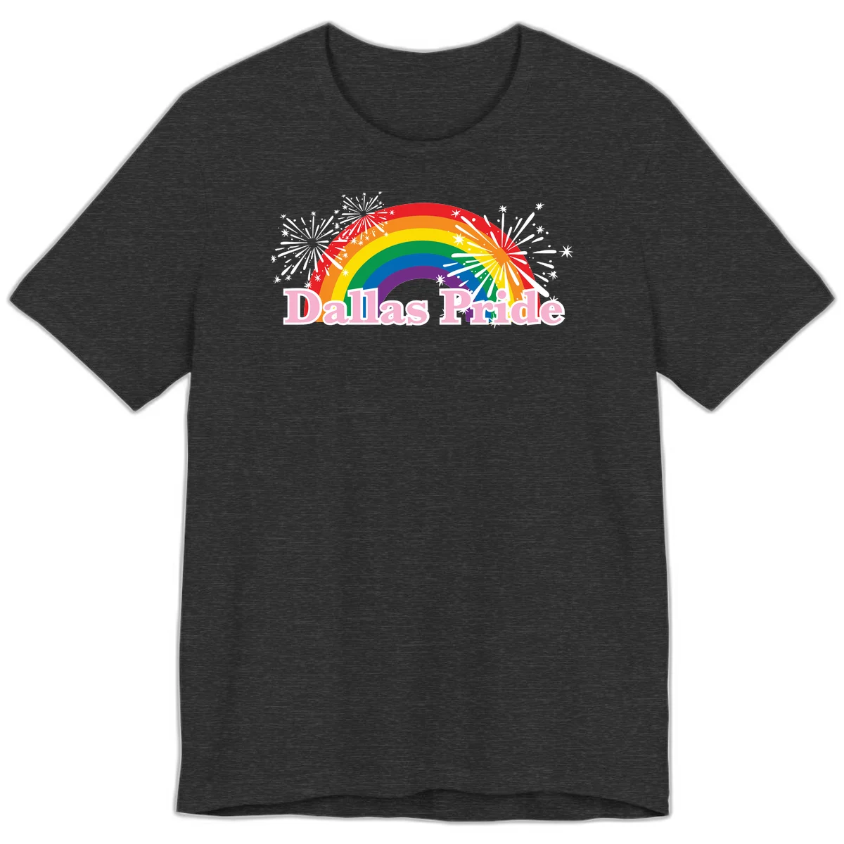Dallas Pride design with rainbow arc, white fireworks bursts, and pink text on gray background in Dark Grey Heather
