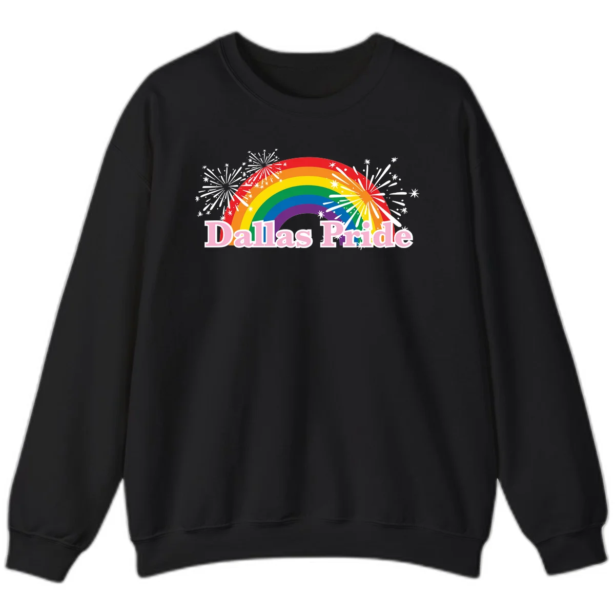 Dallas Pride design with rainbow arc, white fireworks bursts, and pink text on gray background in Black