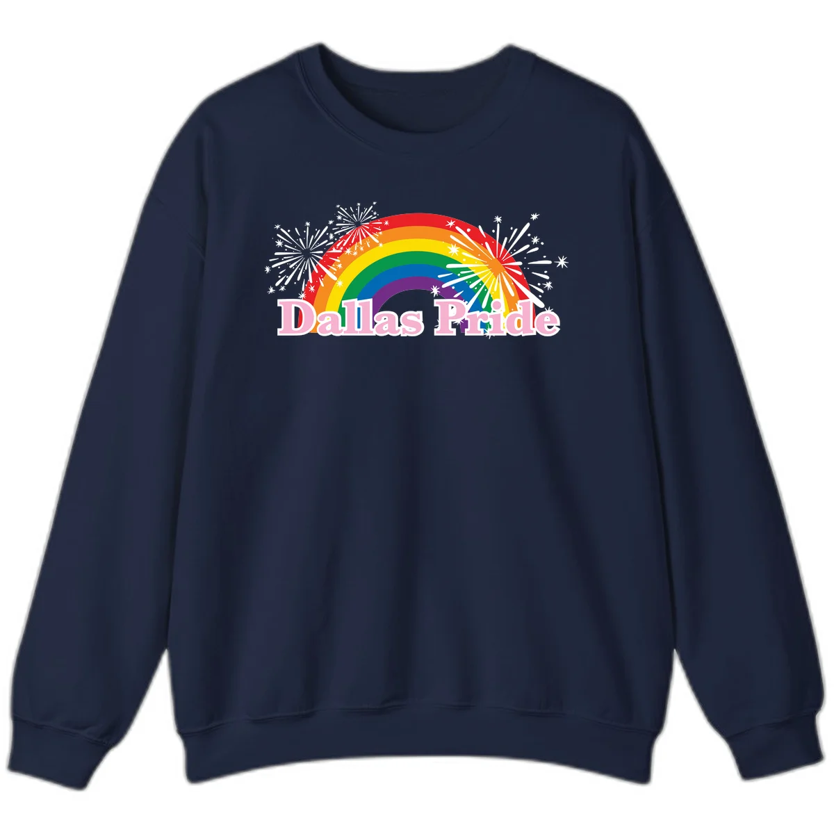 Dallas Pride design with rainbow arc, white fireworks bursts, and pink text on gray background in Navy