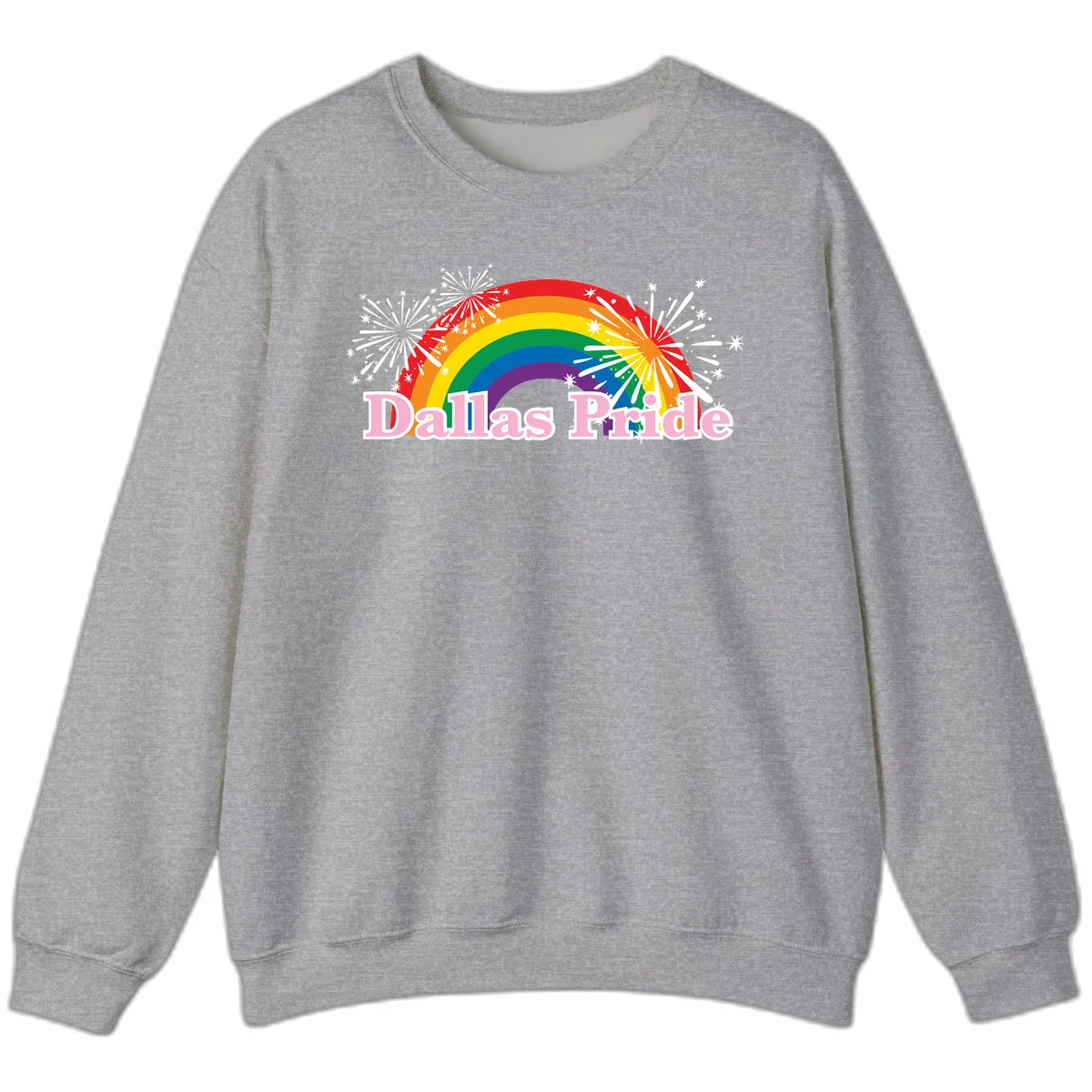 Dallas Pride design with rainbow arc, white fireworks bursts, and pink text on gray background in Sport Grey