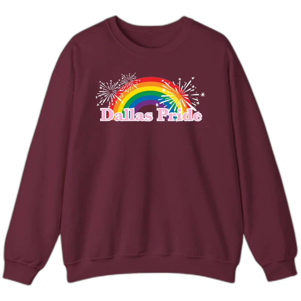 Dallas Pride design with rainbow arc, white fireworks bursts, and pink text on gray background in Maroon