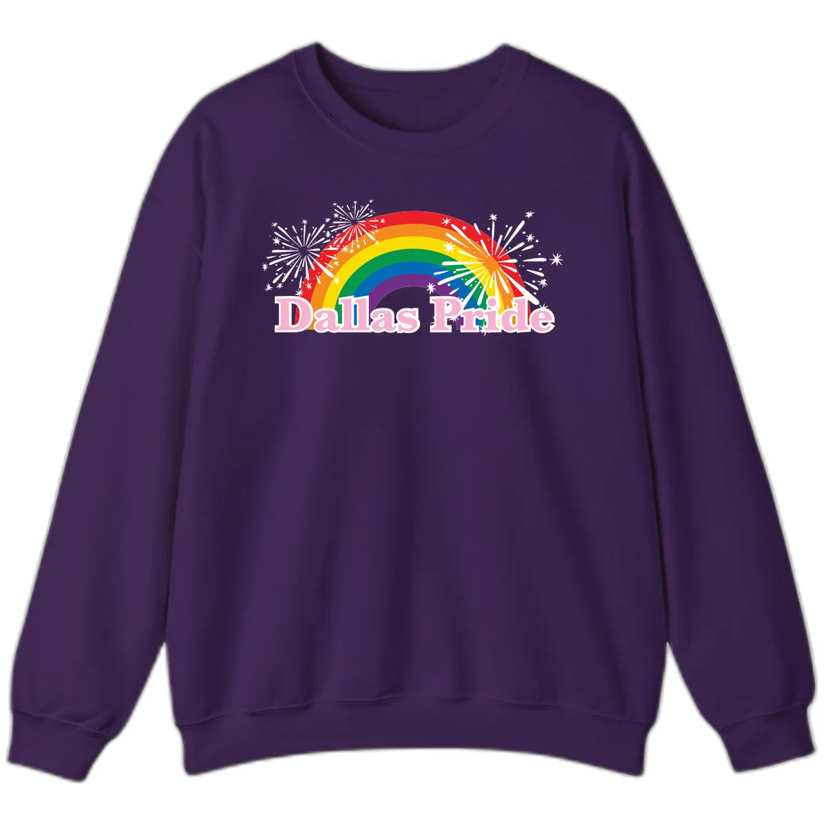 Dallas Pride design with rainbow arc, white fireworks bursts, and pink text on gray background in Purple