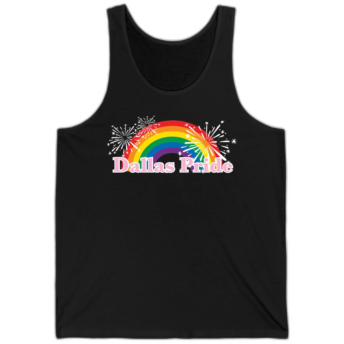 Dallas Pride design with rainbow arc, white fireworks bursts, and pink text on gray background in Black