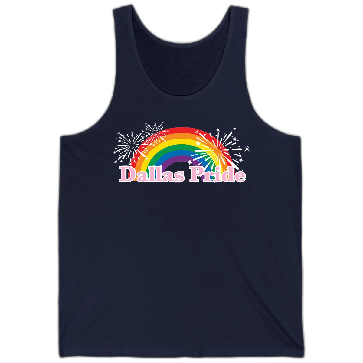 Dallas Pride design with rainbow arc, white fireworks bursts, and pink text on gray background in Navy