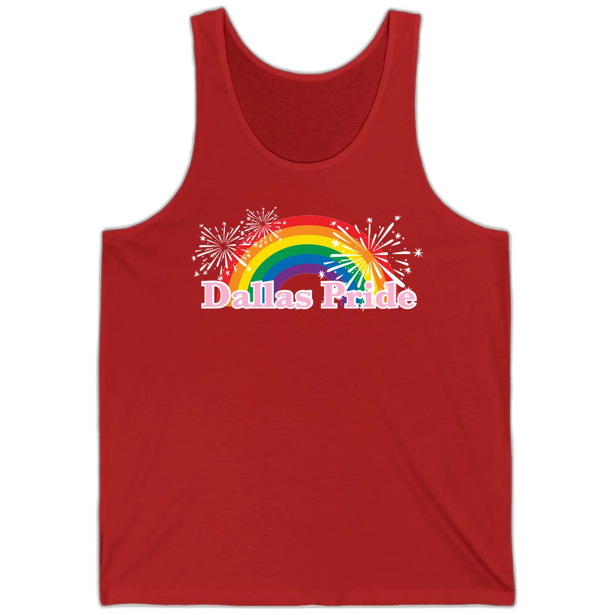 Dallas Pride design with rainbow arc, white fireworks bursts, and pink text on gray background in Red