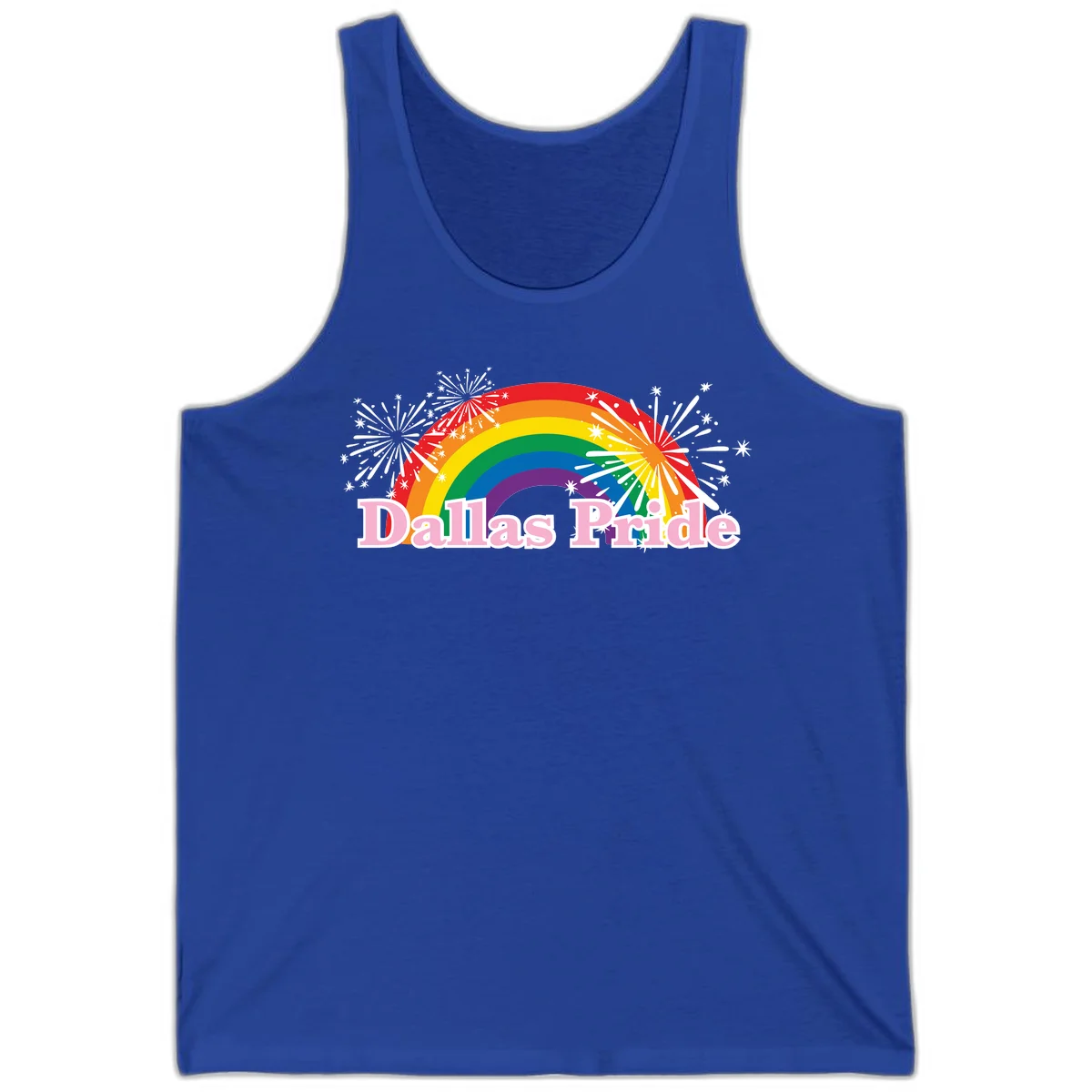 Dallas Pride design with rainbow arc, white fireworks bursts, and pink text on gray background in True Royal