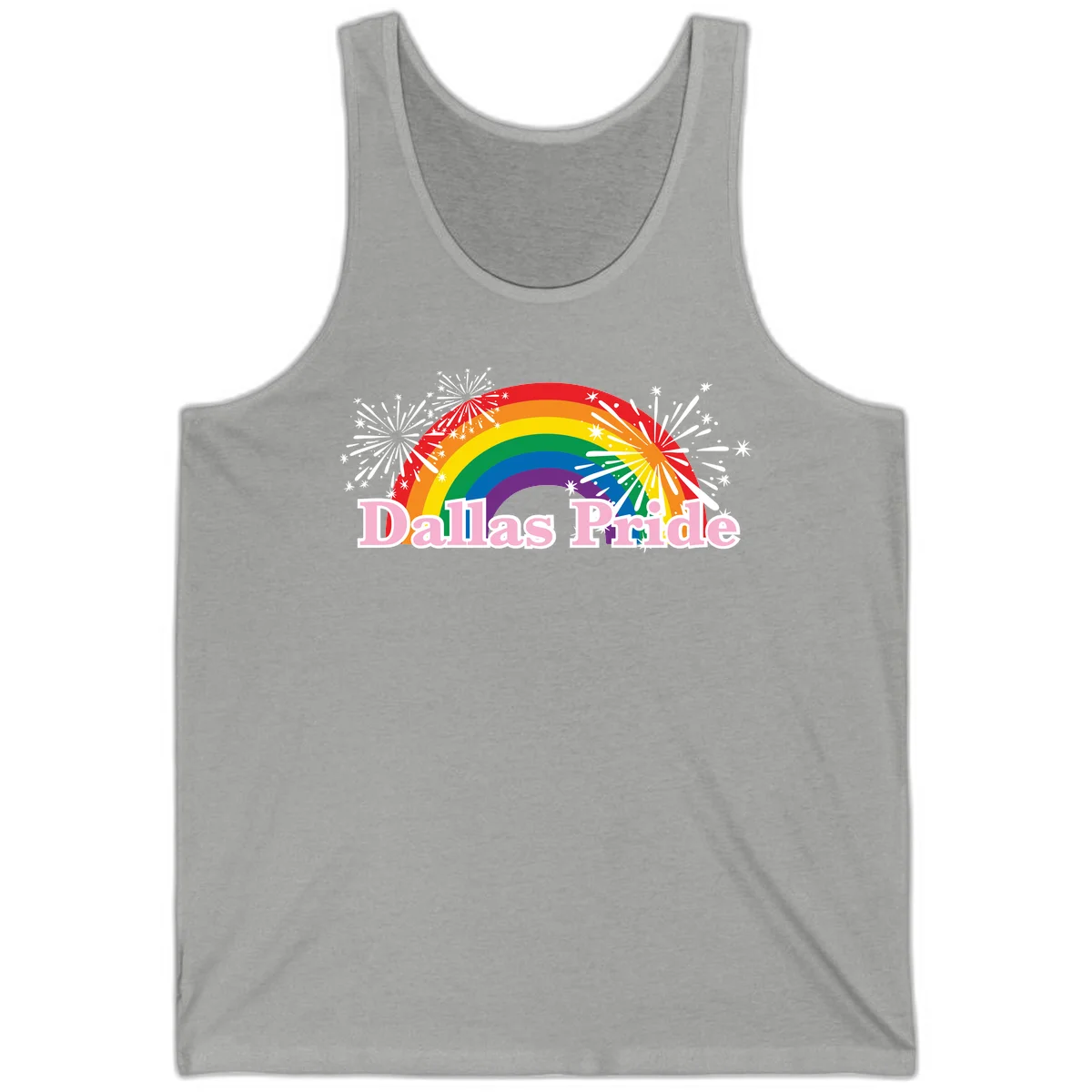 Dallas Pride design with rainbow arc, white fireworks bursts, and pink text on gray background in Athletic Heather