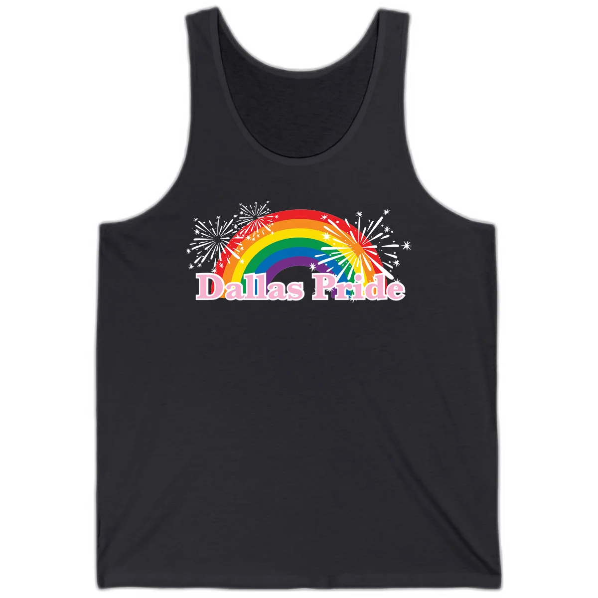 Dallas Pride design with rainbow arc, white fireworks bursts, and pink text on gray background in Dark Grey