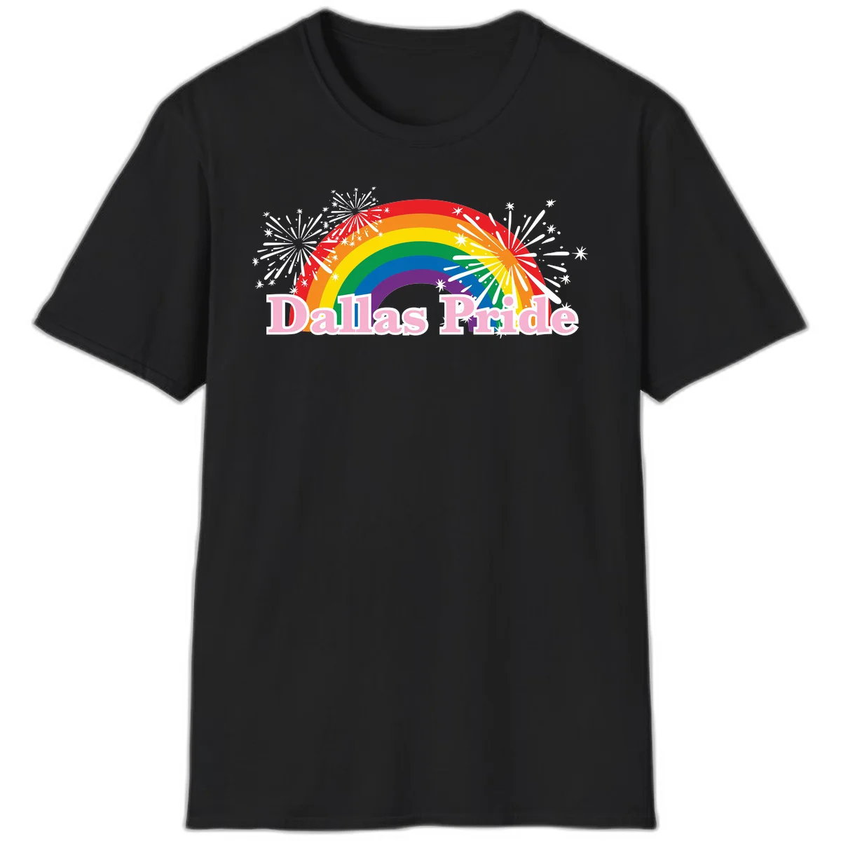 Dallas Pride design with rainbow arc, white fireworks bursts, and pink text on gray background in Black