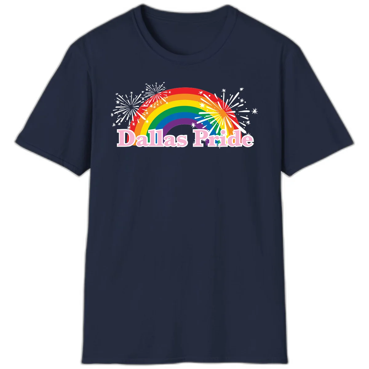 Dallas Pride design with rainbow arc, white fireworks bursts, and pink text on gray background in Navy