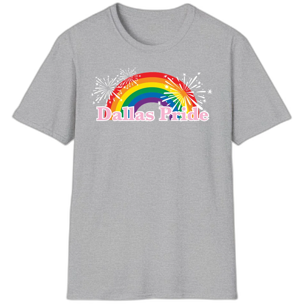 Dallas Pride design with rainbow arc, white fireworks bursts, and pink text on gray background in Sport Grey