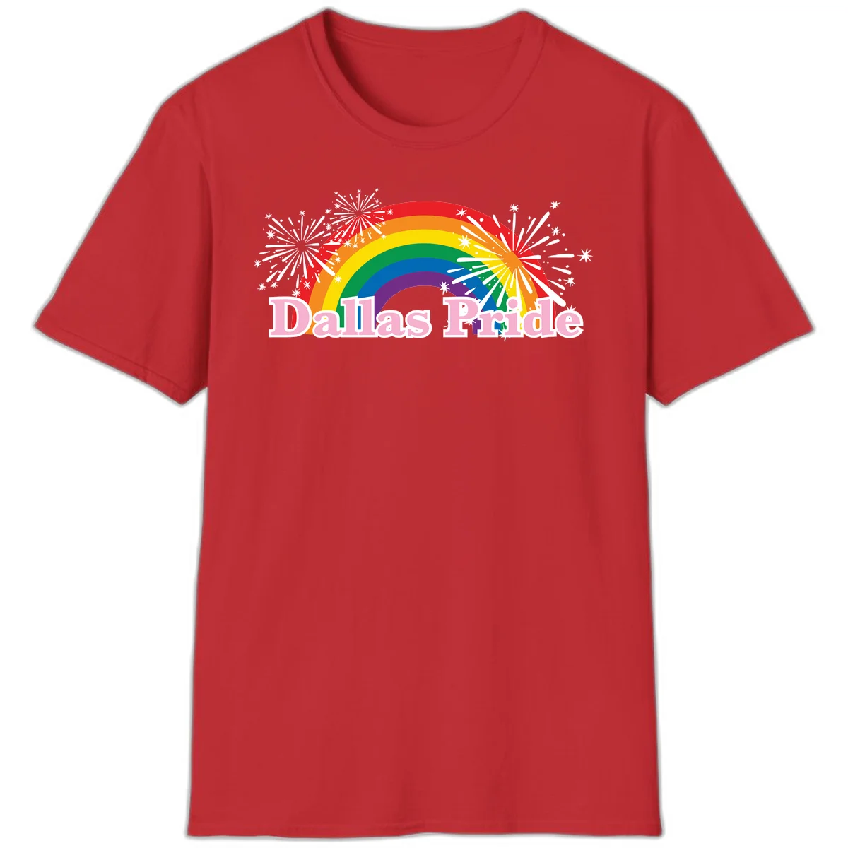 Dallas Pride design with rainbow arc, white fireworks bursts, and pink text on gray background in Red