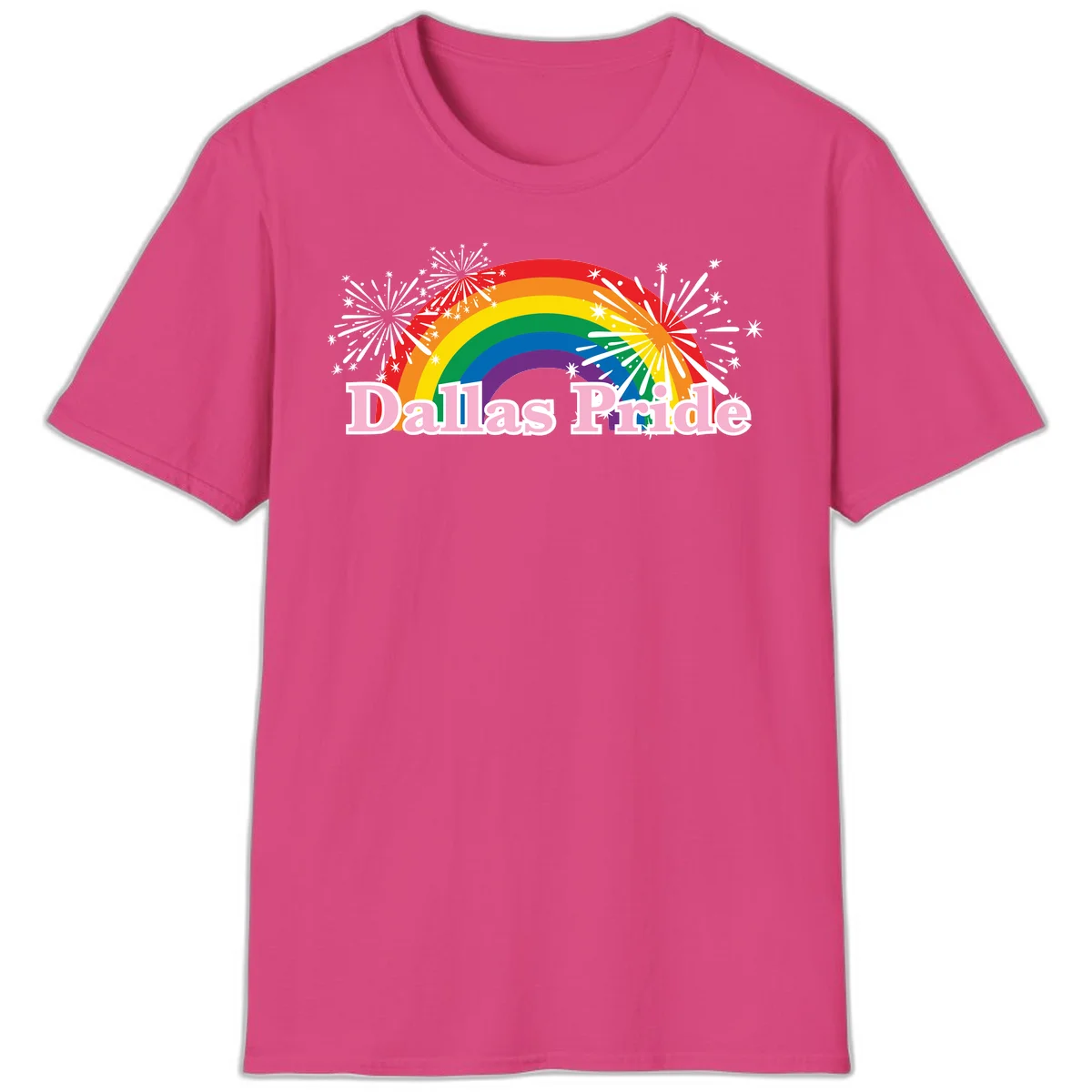 Dallas Pride design with rainbow arc, white fireworks bursts, and pink text on gray background in Heliconia