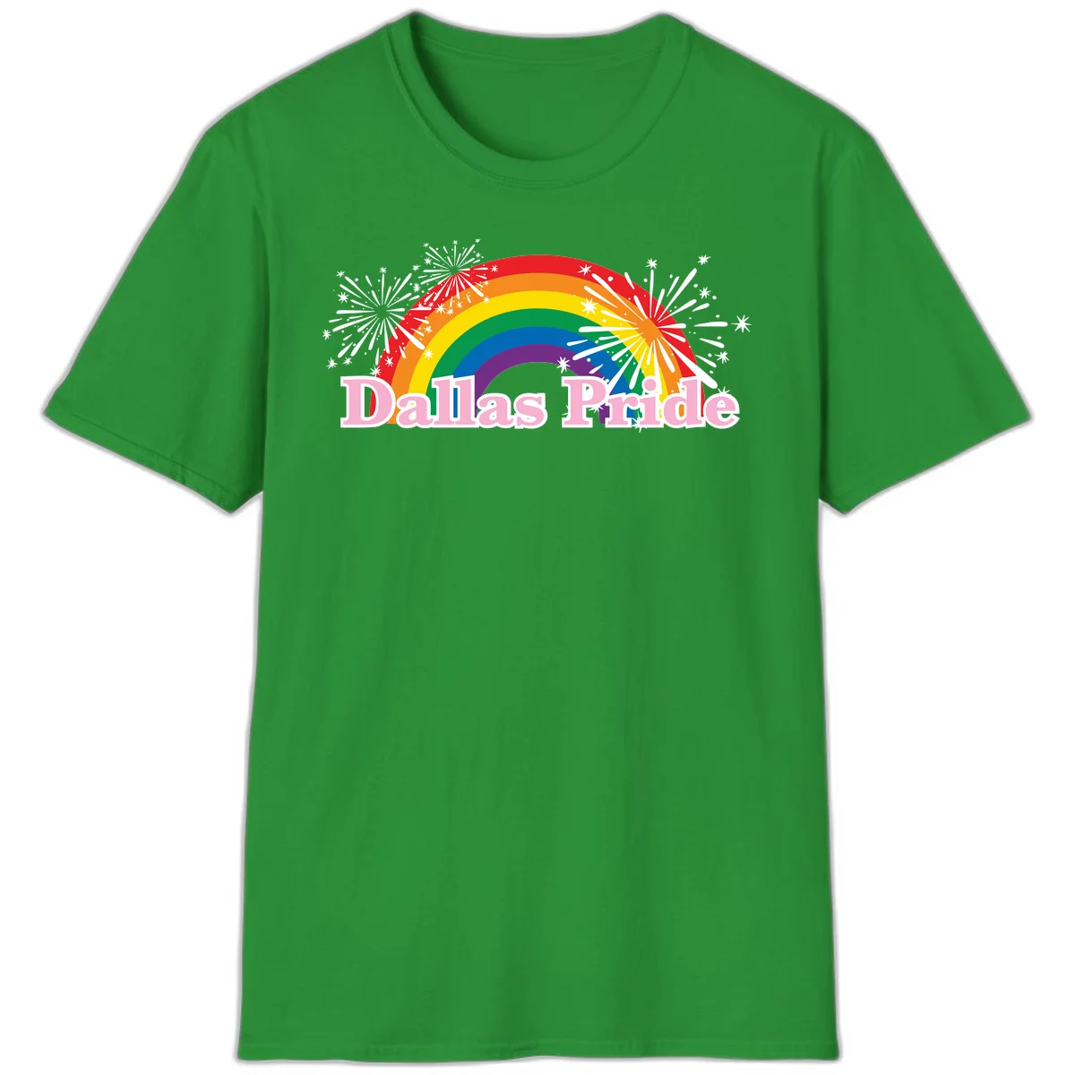 Dallas Pride design with rainbow arc, white fireworks bursts, and pink text on gray background in Irish Green