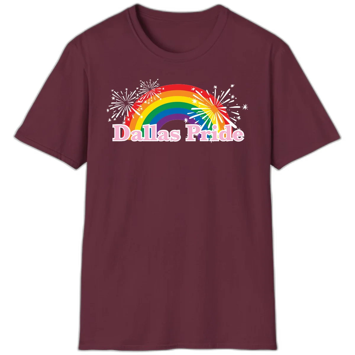 Dallas Pride design with rainbow arc, white fireworks bursts, and pink text on gray background in Maroon