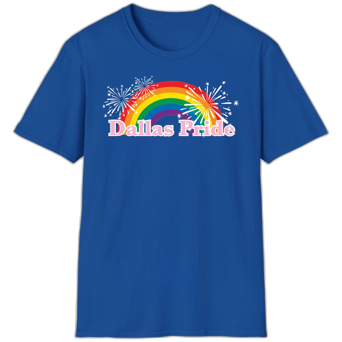 Dallas Pride design with rainbow arc, white fireworks bursts, and pink text on gray background in Royal