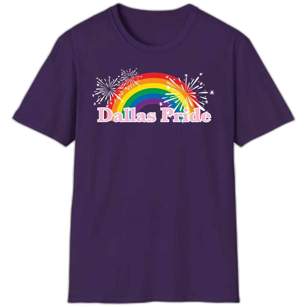 Dallas Pride design with rainbow arc, white fireworks bursts, and pink text on gray background in Purple