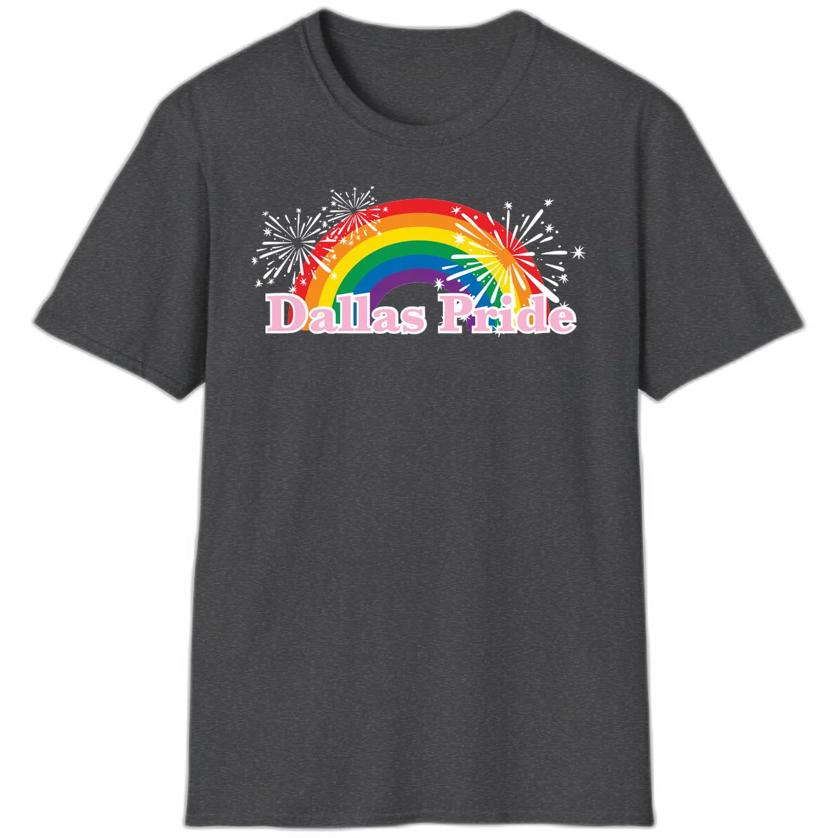 Dallas Pride design with rainbow arc, white fireworks bursts, and pink text on gray background in Dark Heather