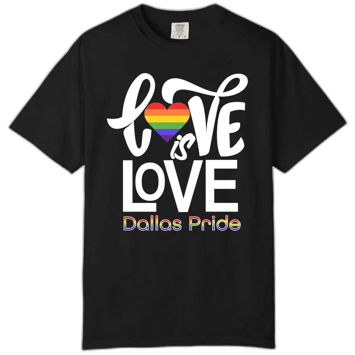 Love is love Dallas Pride design with rainbow-striped heart and white text on gray background in Black
