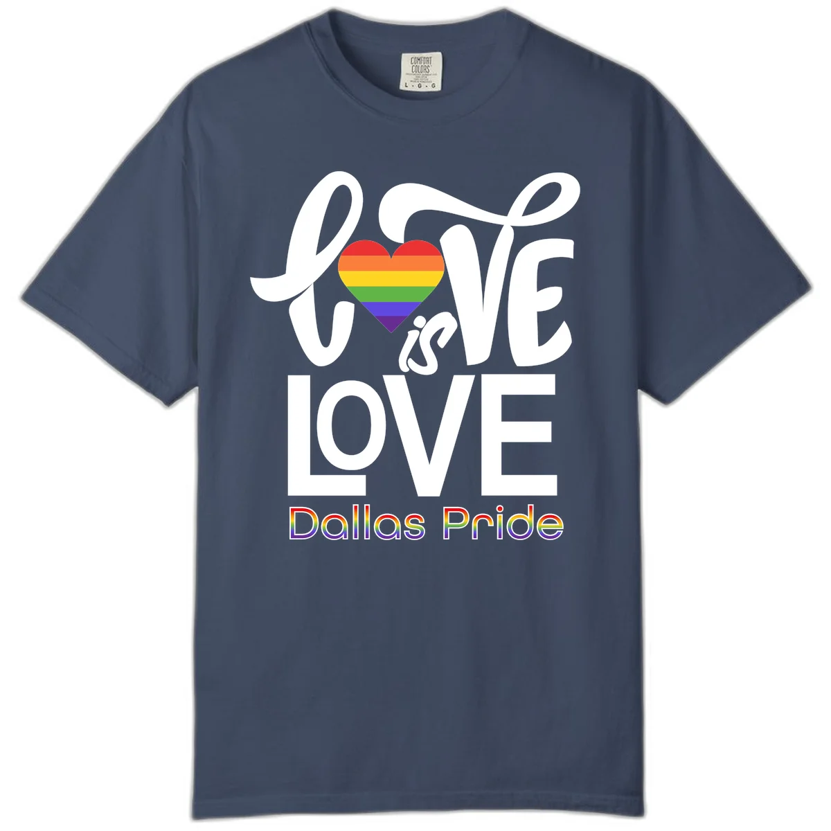 Love is love Dallas Pride design with rainbow-striped heart and white text on gray background in Midnight