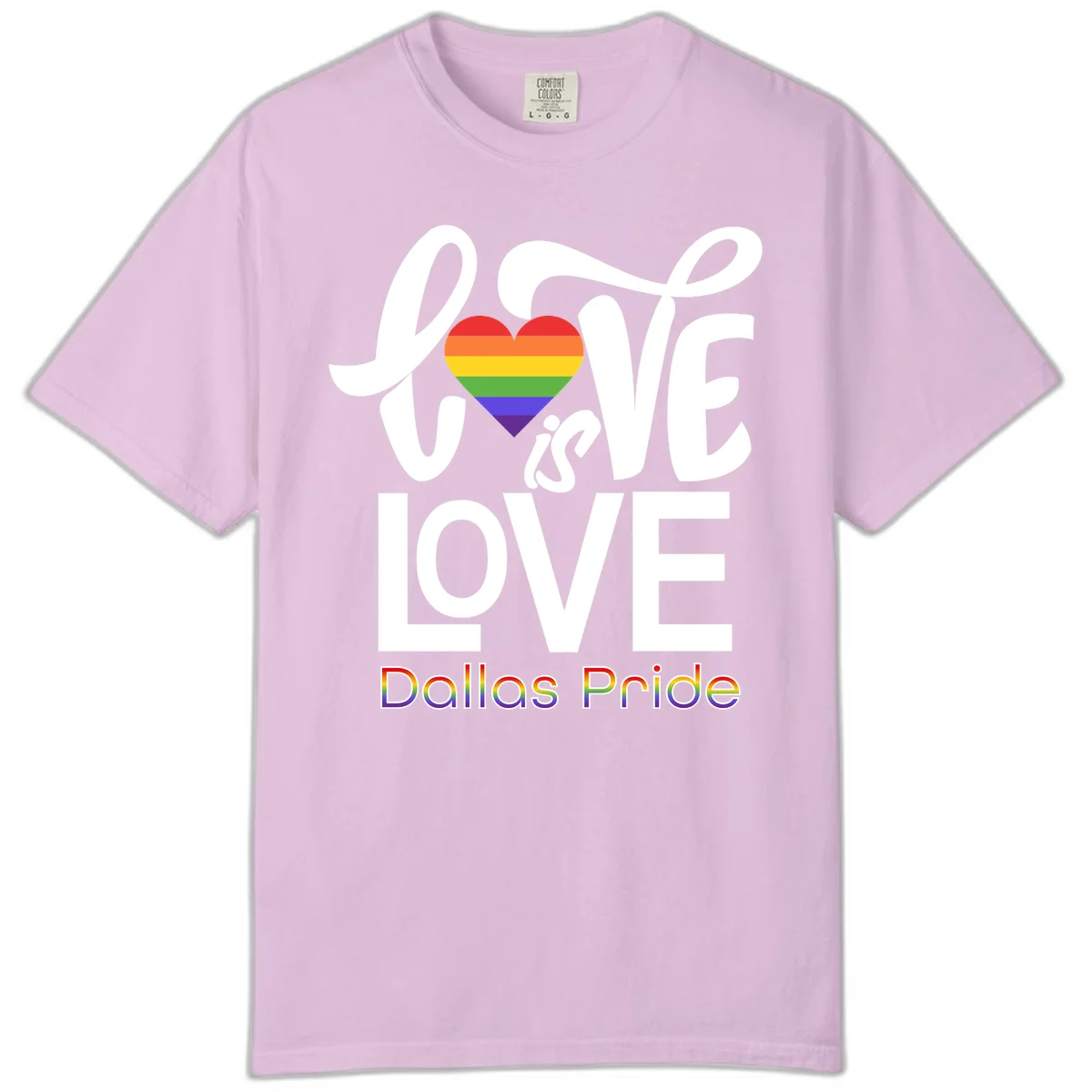 Love is love Dallas Pride design with rainbow-striped heart and white text on gray background in Orchid