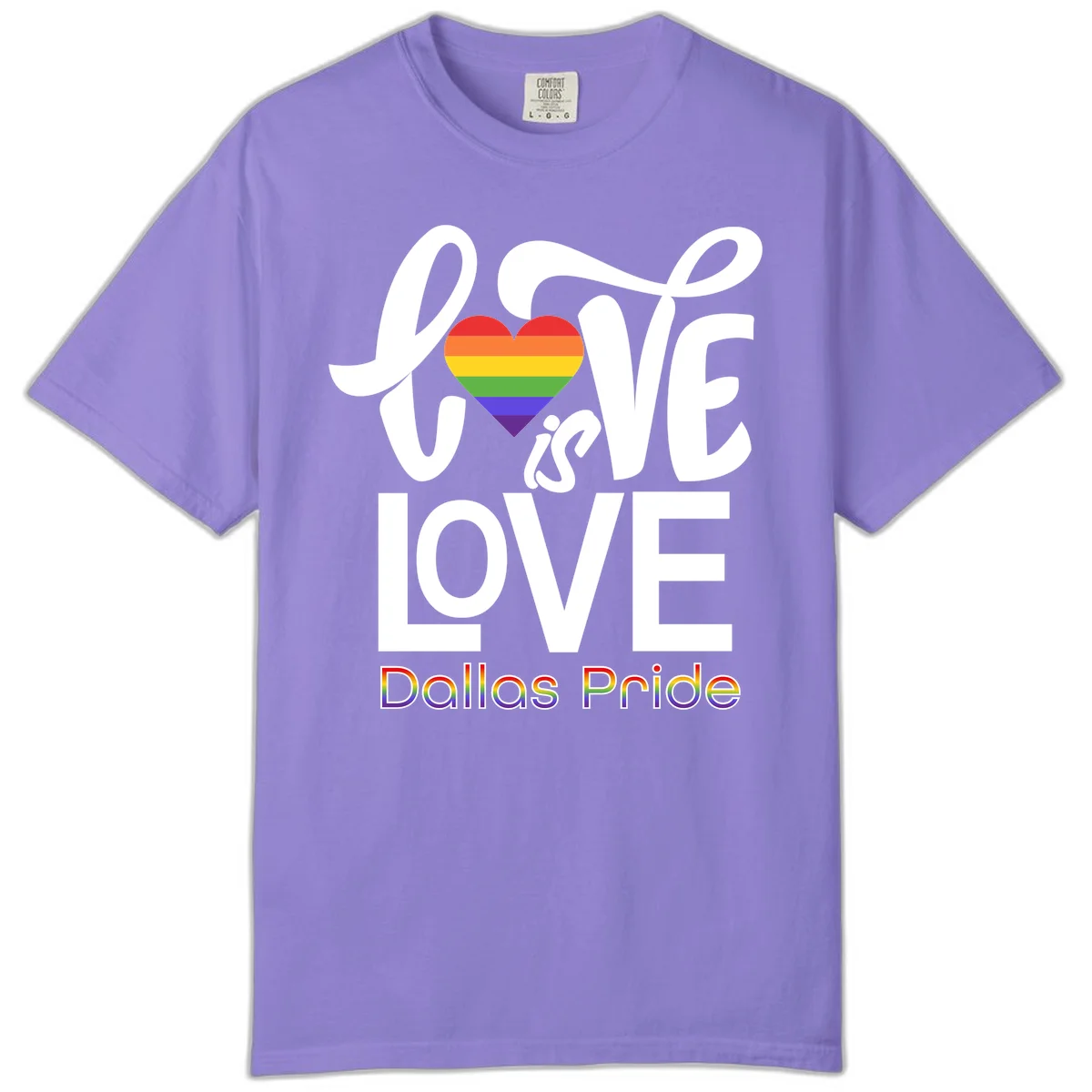 Love is love Dallas Pride design with rainbow-striped heart and white text on gray background in Violet
