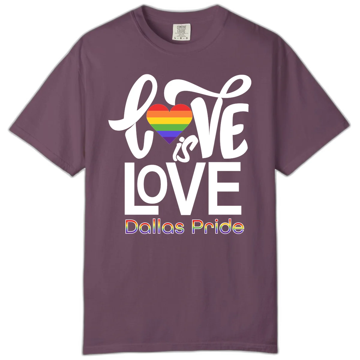 Love is love Dallas Pride design with rainbow-striped heart and white text on gray background in Berry