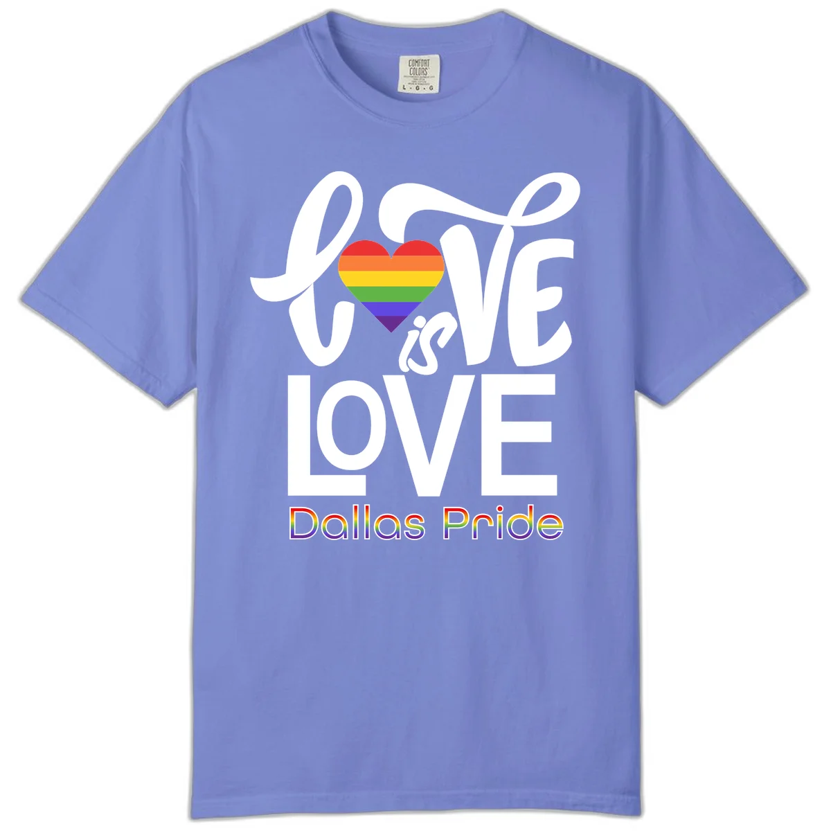 Love is love Dallas Pride design with rainbow-striped heart and white text on gray background in Flo Blue