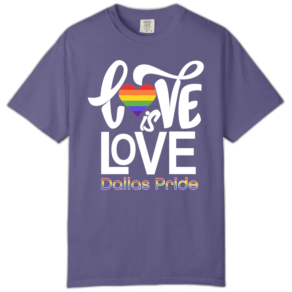 Love is love Dallas Pride design with rainbow-striped heart and white text on gray background in Grape