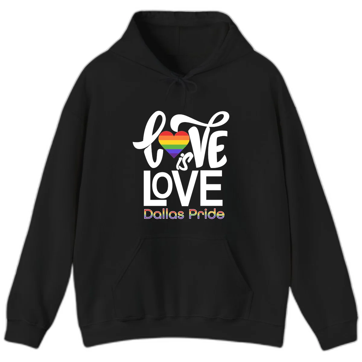 Love is love Dallas Pride design with rainbow-striped heart and white text on gray background in Black